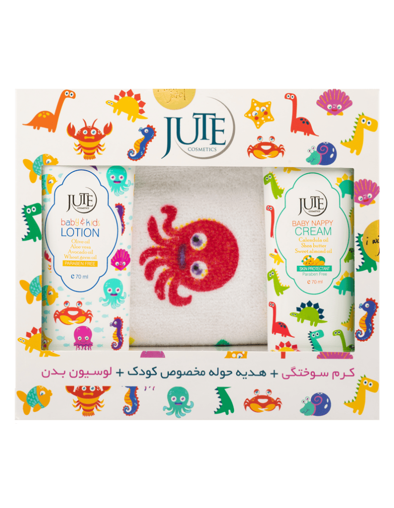 پک هدیه مراقبت از کودکان ژوت شامل کرم سوختگی، لوسیون و حوله
